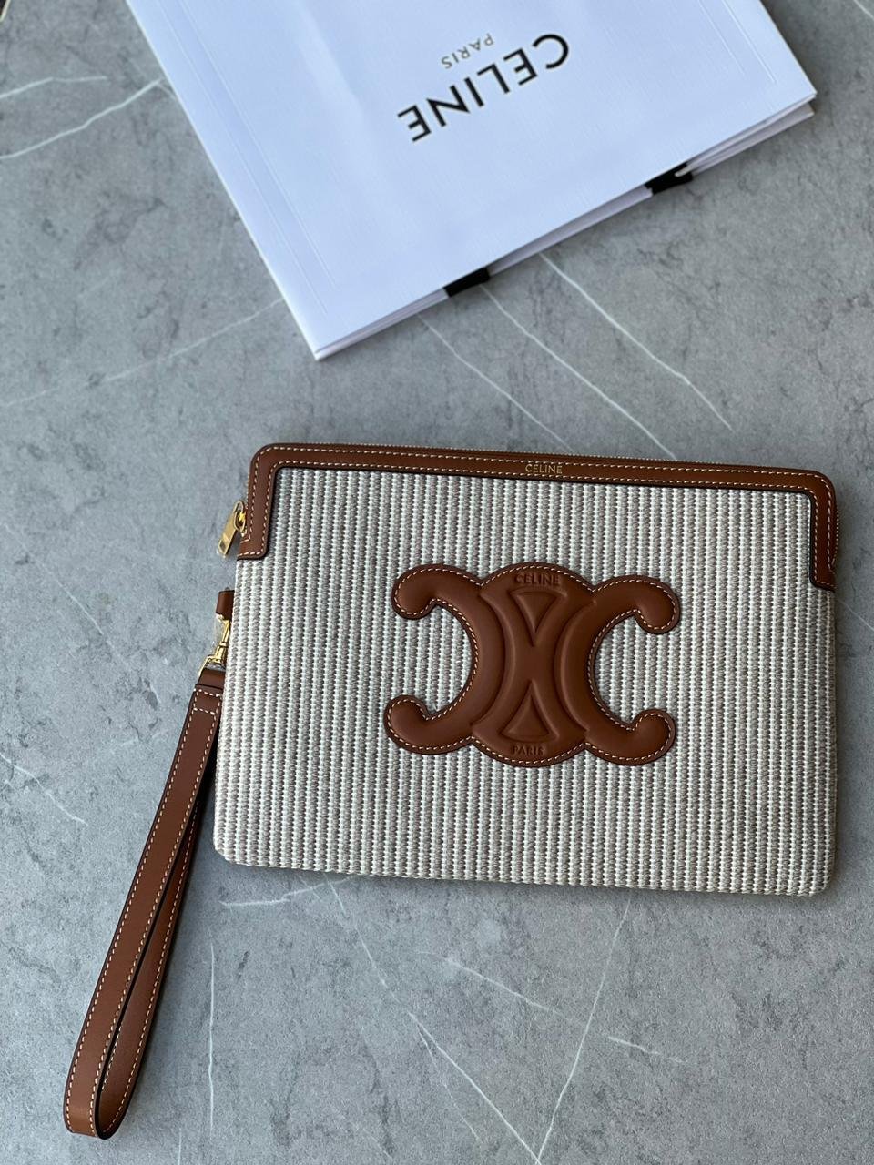 CELINE SMALL POUCH WITH STRAP CUIR TRIOMPHE IN STRIPED TEXTILE AND CALFSKIN 25 CM