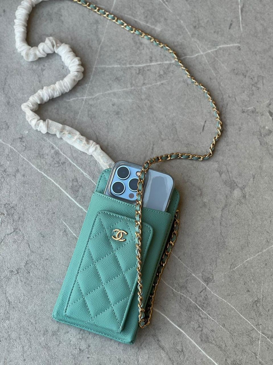 CHANEL Bag Matelassé Smartphone Shoulder Pouch Chain Caviar Skin