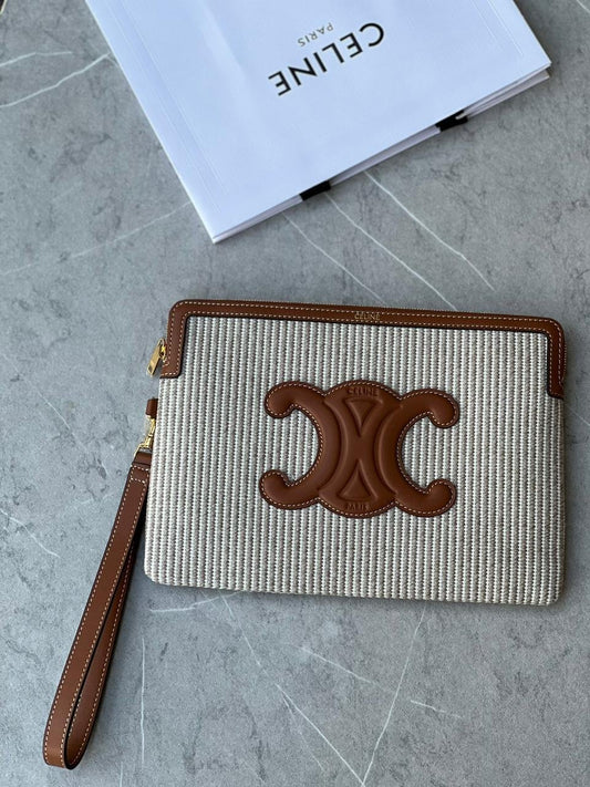 CELINE SMALL POUCH WITH STRAP CUIR TRIOMPHE IN STRIPED TEXTILE AND CALFSKIN 25 CM