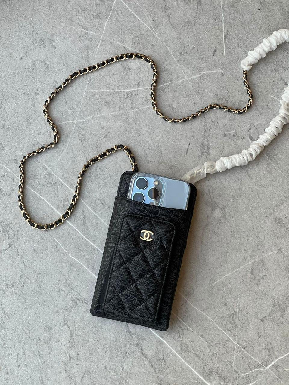 CHANEL Bag Matelassé Smartphone Shoulder Pouch Chain Caviar Skin